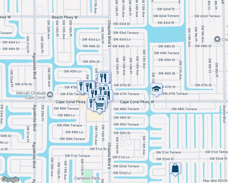 map of restaurants, bars, coffee shops, grocery stores, and more near 1533 Southwest 47th Terrace in Cape Coral