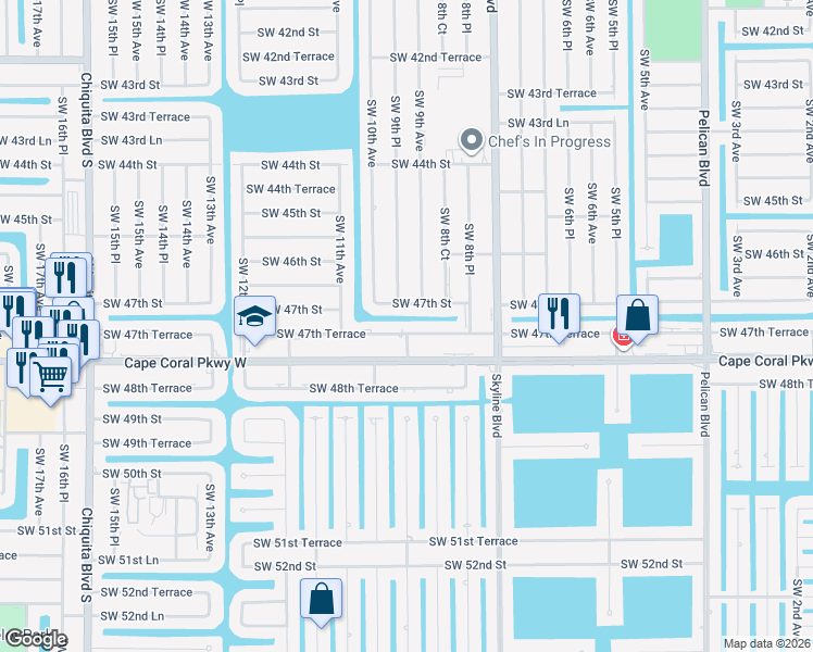 map of restaurants, bars, coffee shops, grocery stores, and more near 917 Southwest 47th Terrace in Cape Coral