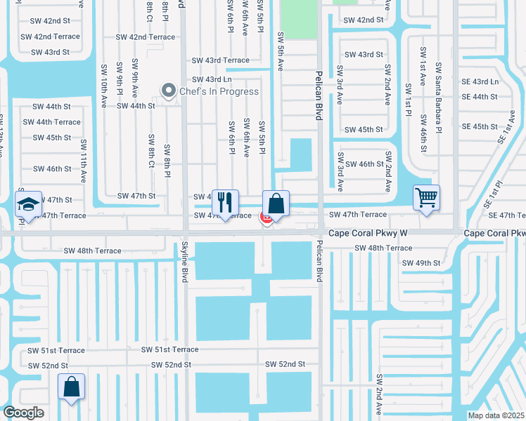 map of restaurants, bars, coffee shops, grocery stores, and more near 512 Southwest 47th Terrace in Cape Coral