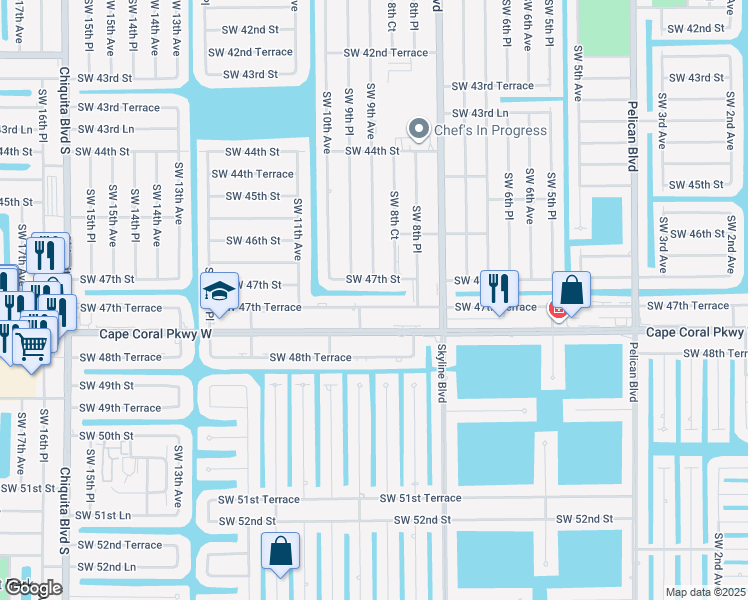 map of restaurants, bars, coffee shops, grocery stores, and more near 841 Southwest 47th Terrace in Cape Coral