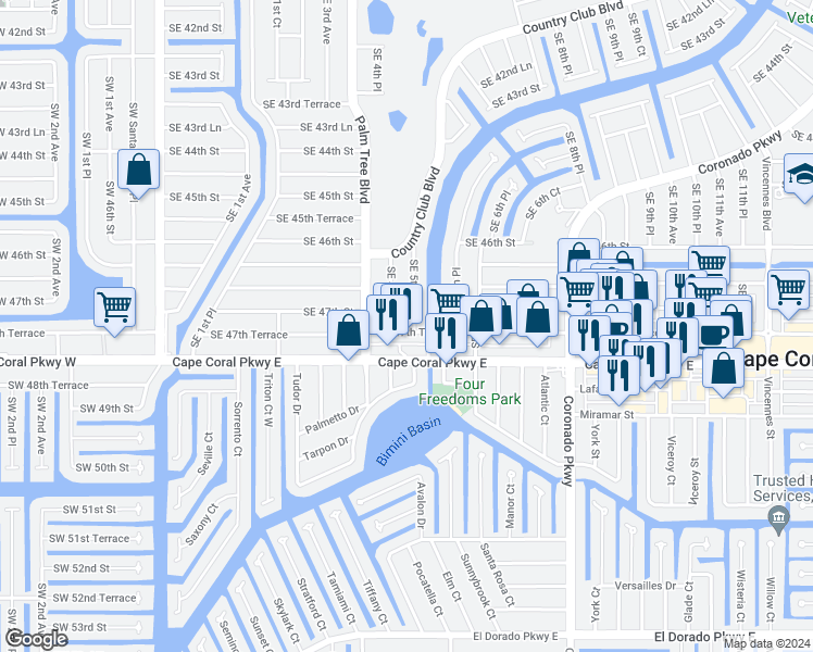 map of restaurants, bars, coffee shops, grocery stores, and more near 434 Southeast 47th Terrace in Cape Coral