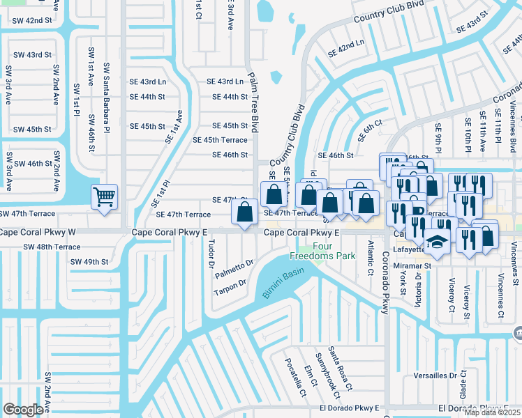 map of restaurants, bars, coffee shops, grocery stores, and more near 402 Southeast 47th Terrace in Cape Coral