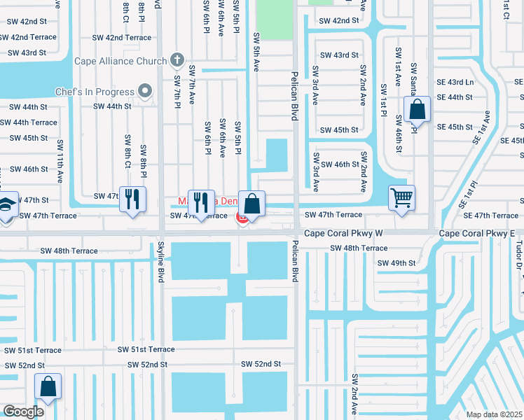 map of restaurants, bars, coffee shops, grocery stores, and more near 418 Southwest 47th Terrace in Cape Coral