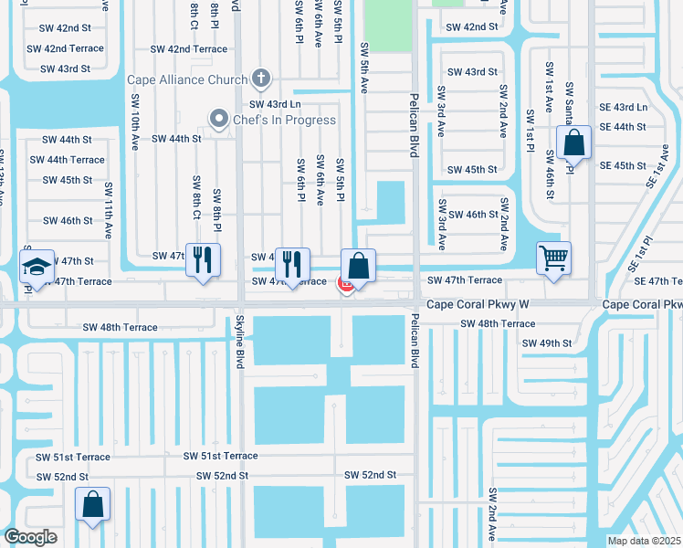 map of restaurants, bars, coffee shops, grocery stores, and more near 512 Southwest 47th Terrace in Cape Coral