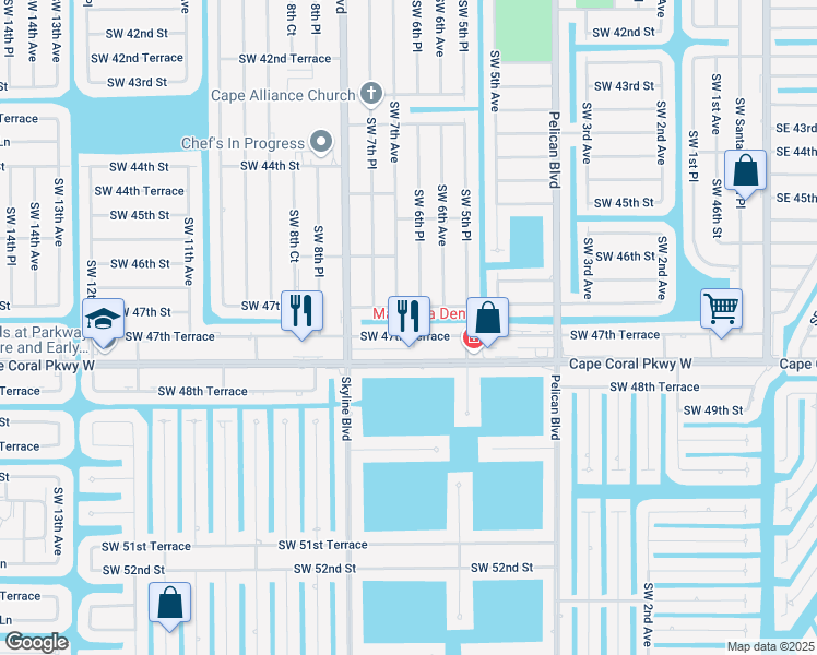 map of restaurants, bars, coffee shops, grocery stores, and more near 624 Southwest 47th Terrace in Cape Coral