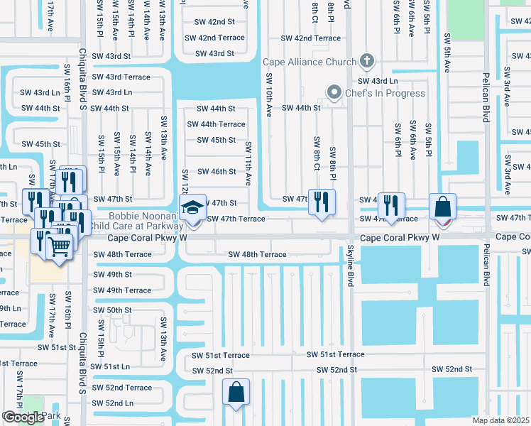 map of restaurants, bars, coffee shops, grocery stores, and more near 1008 Southwest 47th Terrace in Cape Coral