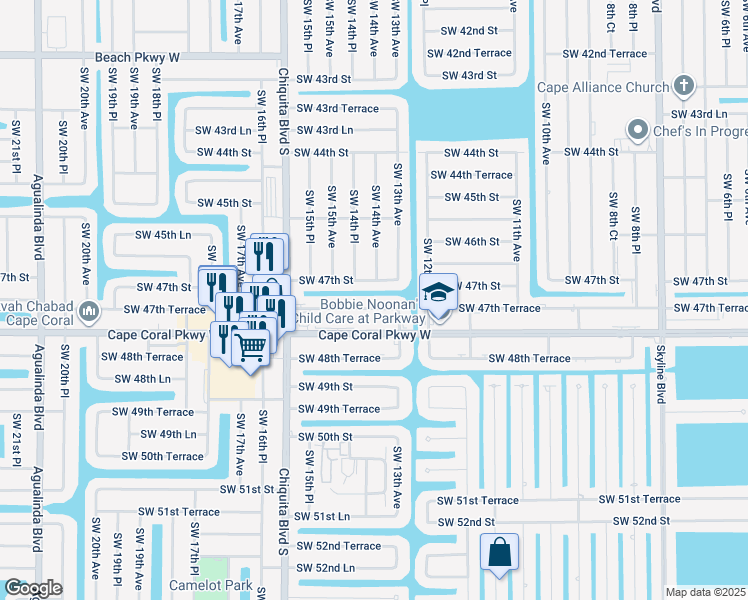map of restaurants, bars, coffee shops, grocery stores, and more near 1330 Southwest 47th Terrace in Cape Coral