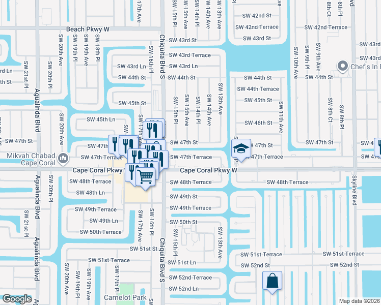 map of restaurants, bars, coffee shops, grocery stores, and more near 1504 Southwest 47th Terrace in Cape Coral