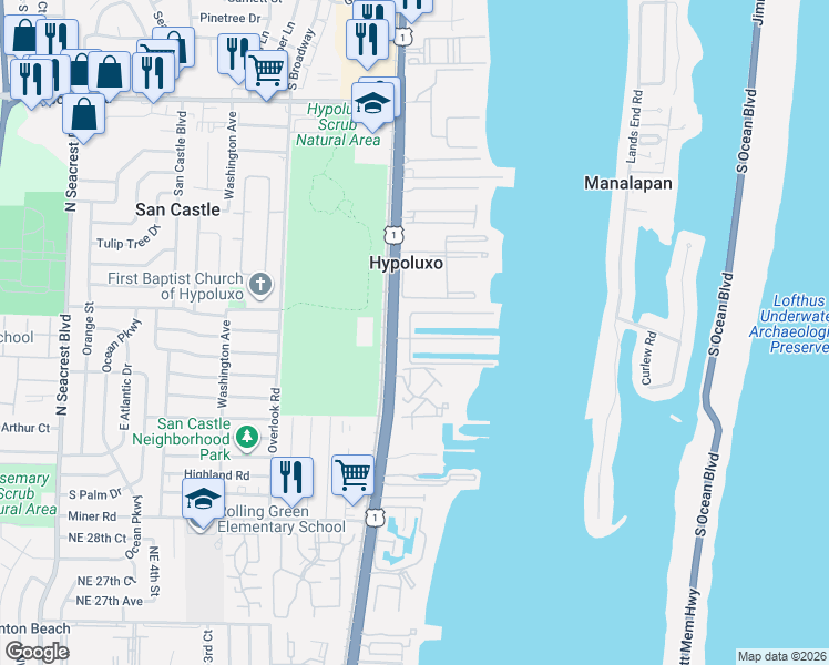 map of restaurants, bars, coffee shops, grocery stores, and more near in Hypoluxo