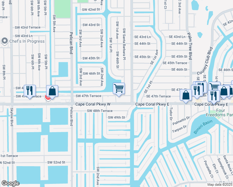 map of restaurants, bars, coffee shops, grocery stores, and more near 140 Southwest 47th Terrace in Cape Coral