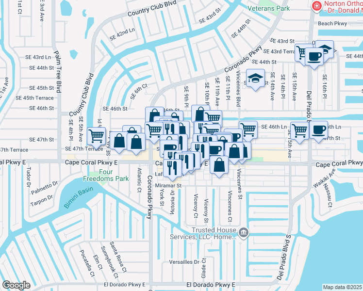 map of restaurants, bars, coffee shops, grocery stores, and more near in Cape Coral