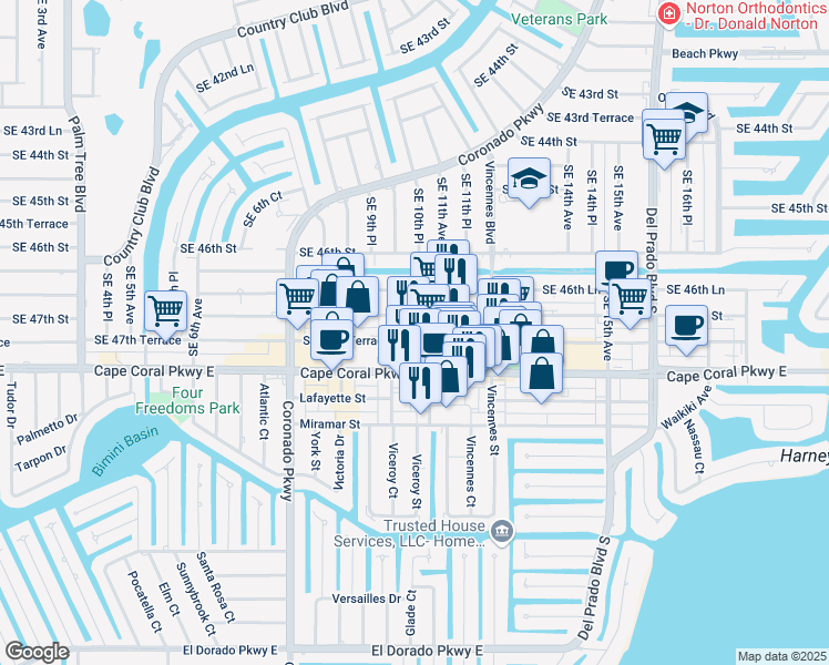 map of restaurants, bars, coffee shops, grocery stores, and more near 4721 Southeast 10th Place in Cape Coral