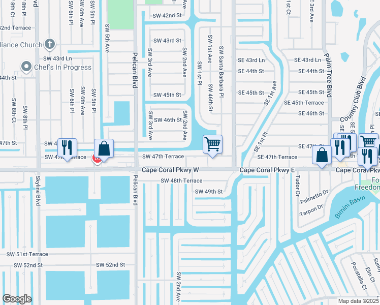 map of restaurants, bars, coffee shops, grocery stores, and more near 159 Southwest 47th Terrace in Cape Coral