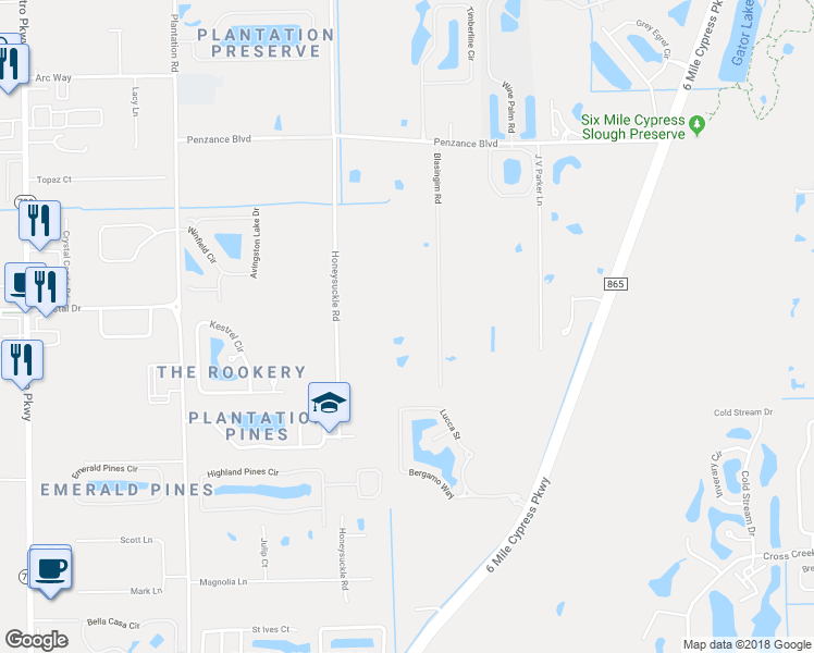 map of restaurants, bars, coffee shops, grocery stores, and more near 12270 Blasingim Road in Fort Myers