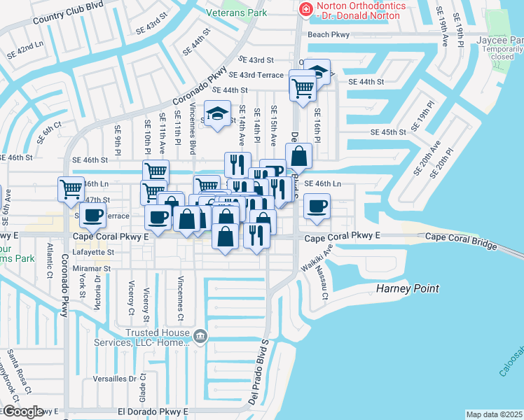map of restaurants, bars, coffee shops, grocery stores, and more near 4724 Southeast 15th Avenue in Cape Coral