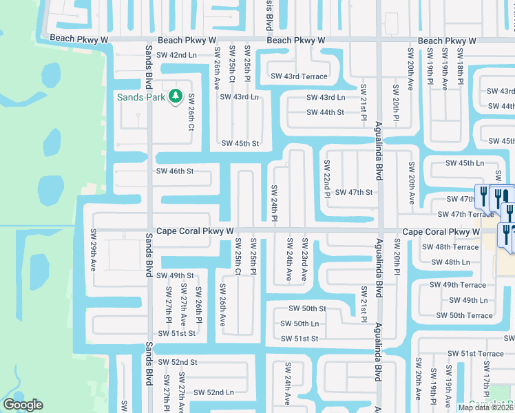 map of restaurants, bars, coffee shops, grocery stores, and more near 4722 Southwest 24th Place in Cape Coral