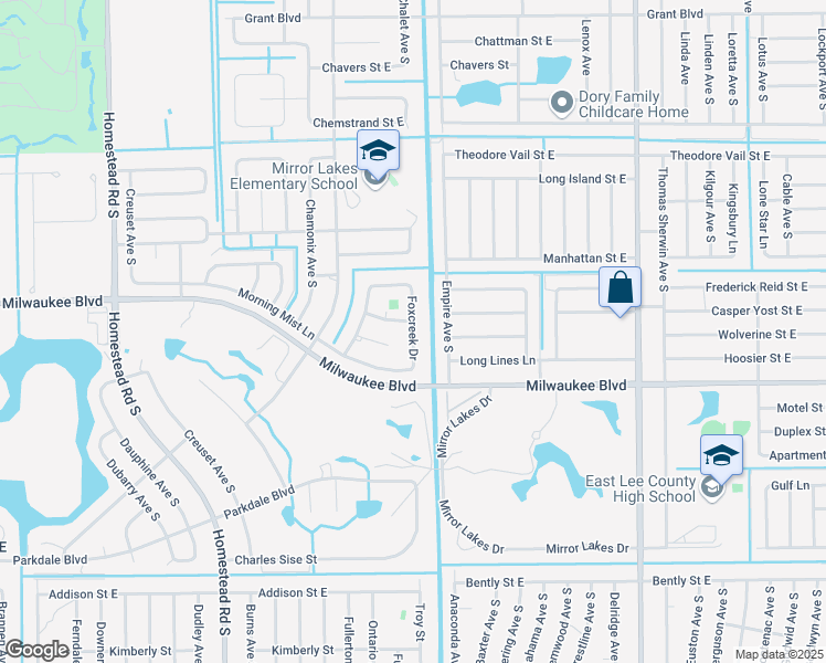 map of restaurants, bars, coffee shops, grocery stores, and more near 548 Foxcreek Drive in Lehigh Acres