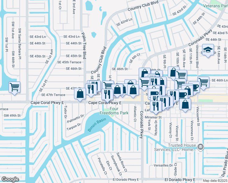map of restaurants, bars, coffee shops, grocery stores, and more near 4719 Southeast 6th Avenue in Cape Coral