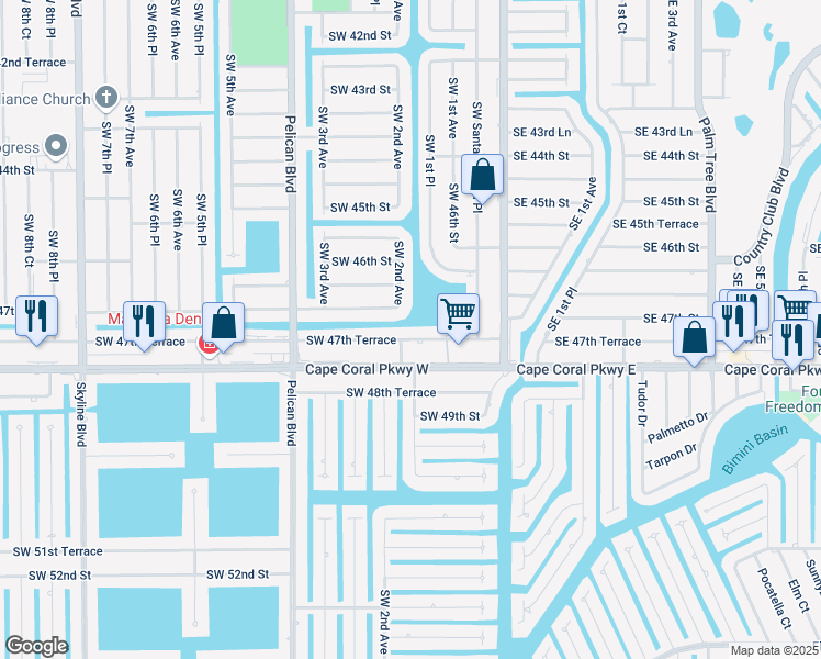 map of restaurants, bars, coffee shops, grocery stores, and more near 160 Southwest 47th Terrace in Cape Coral