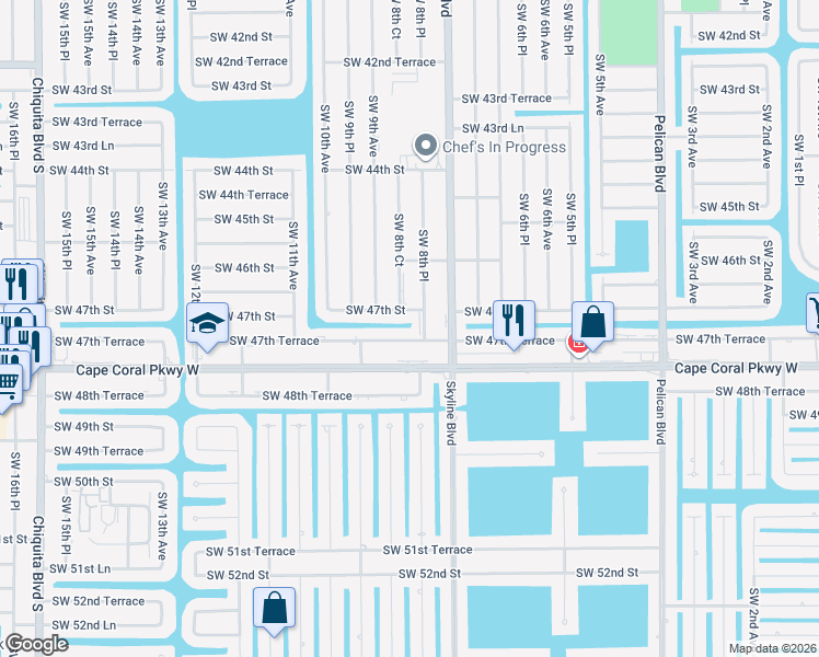 map of restaurants, bars, coffee shops, grocery stores, and more near 838a Southwest 47th Terrace in Cape Coral