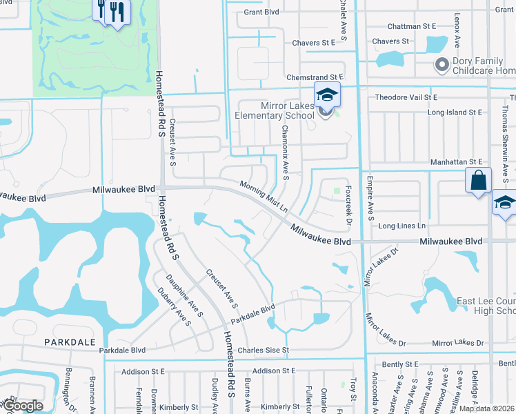 map of restaurants, bars, coffee shops, grocery stores, and more near 598 Aston Lake Court in Lehigh Acres