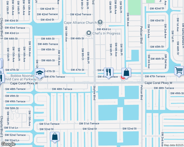 map of restaurants, bars, coffee shops, grocery stores, and more near 4704 Skyline Boulevard in Cape Coral