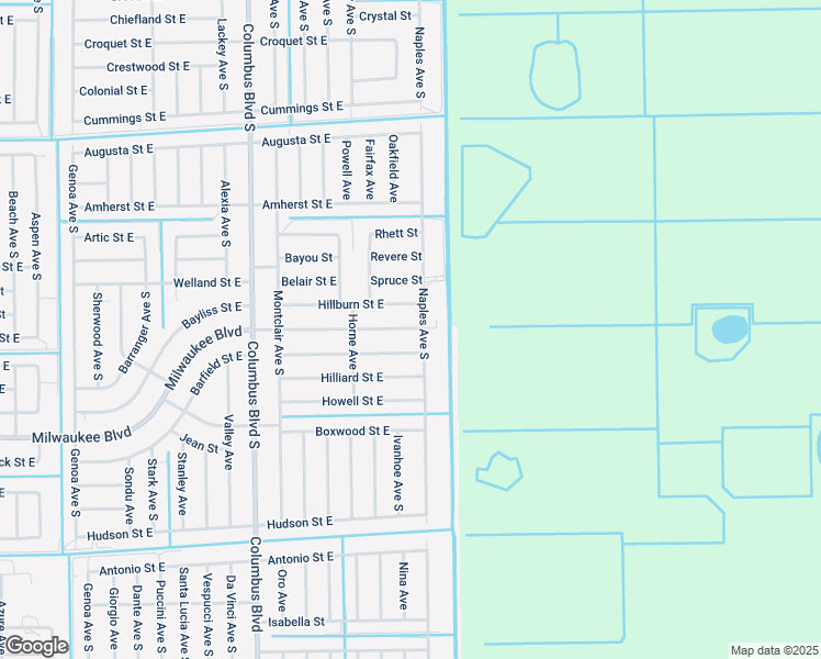 map of restaurants, bars, coffee shops, grocery stores, and more near 1255 Hillcrest Street East in Lehigh Acres