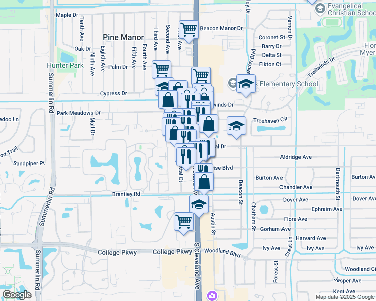 map of restaurants, bars, coffee shops, grocery stores, and more near 6835 Crystal Court in Fort Myers