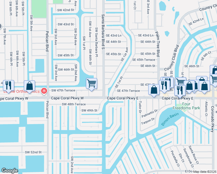 map of restaurants, bars, coffee shops, grocery stores, and more near 4722 Southeast 1st Place in Cape Coral