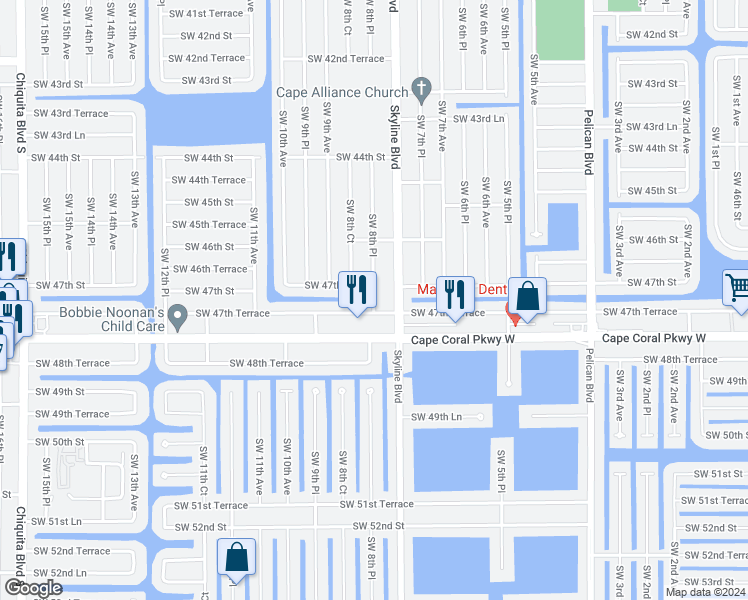 map of restaurants, bars, coffee shops, grocery stores, and more near 812 Southwest 47th Terrace in Cape Coral