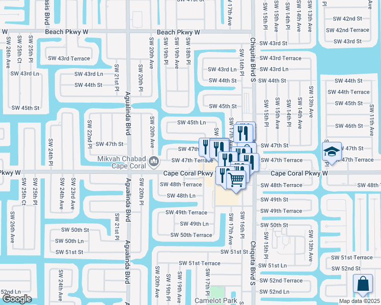 map of restaurants, bars, coffee shops, grocery stores, and more near 1822 Southwest 47th Terrace in Cape Coral