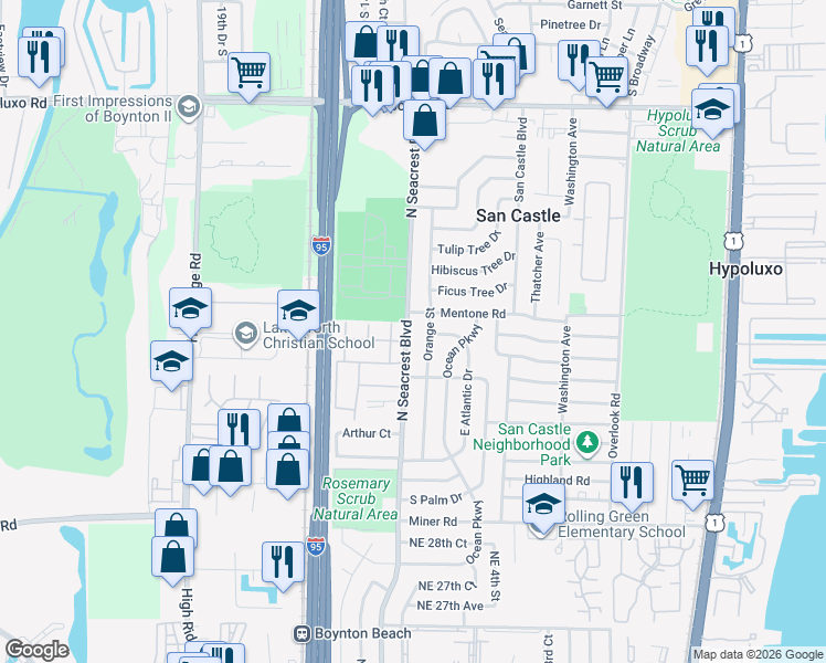 map of restaurants, bars, coffee shops, grocery stores, and more near 3460 North Seacrest Boulevard in Boynton Beach