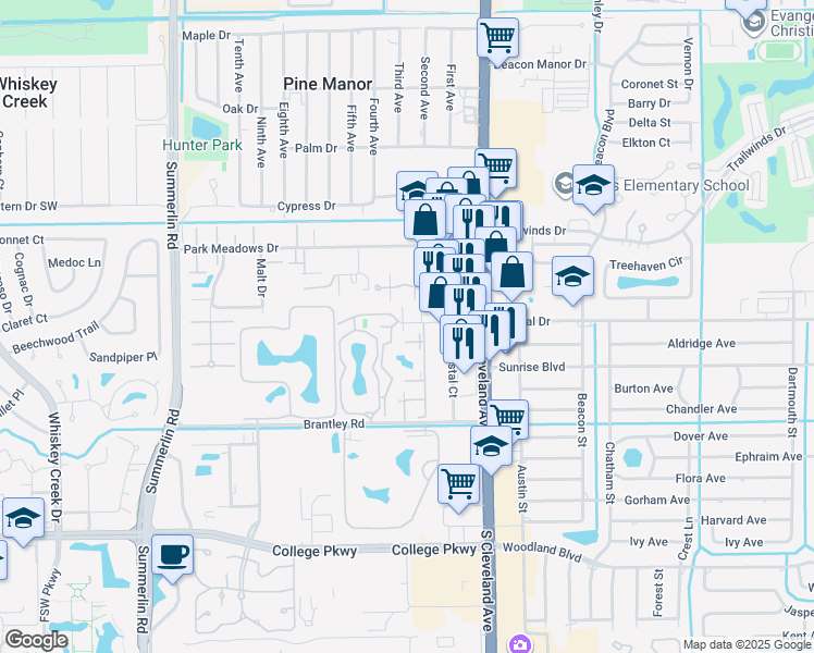 map of restaurants, bars, coffee shops, grocery stores, and more near 7123 Penner Lane in Fort Myers