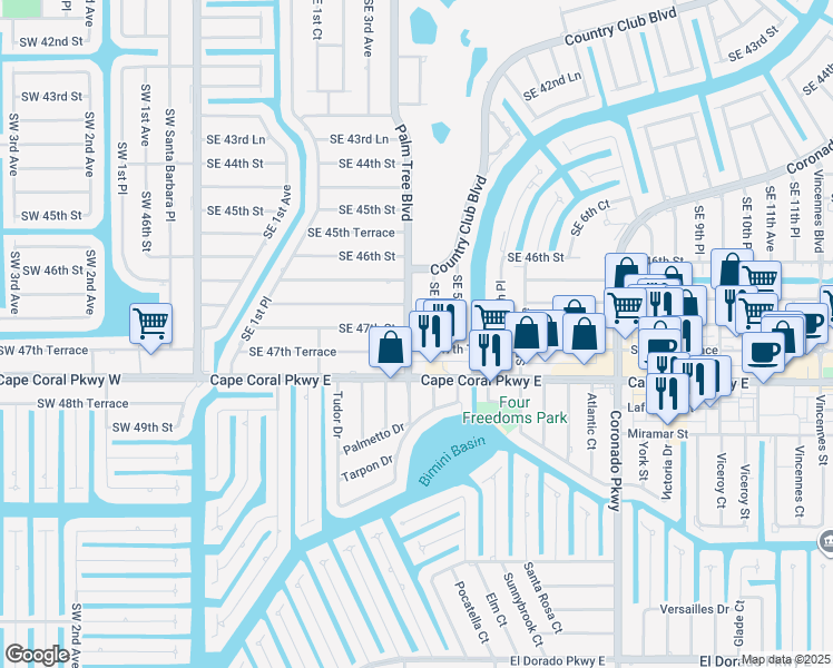 map of restaurants, bars, coffee shops, grocery stores, and more near 346 Southeast 46th Lane in Cape Coral