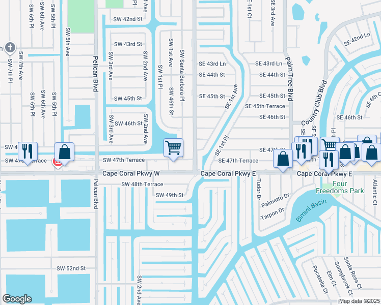 map of restaurants, bars, coffee shops, grocery stores, and more near 4631 Southwest Santa Barbara Place in Cape Coral