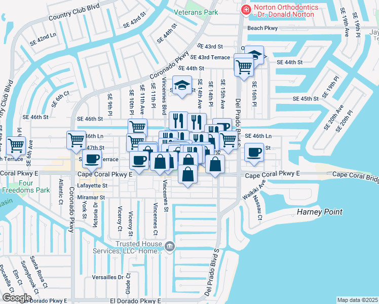 map of restaurants, bars, coffee shops, grocery stores, and more near 1315 Southeast 47th Street in Cape Coral