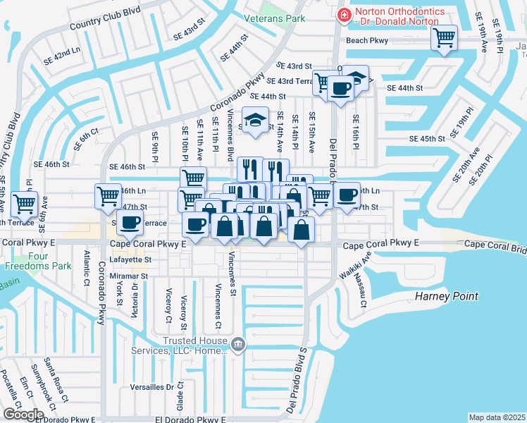 map of restaurants, bars, coffee shops, grocery stores, and more near 1315 Southeast 47th Street in Cape Coral