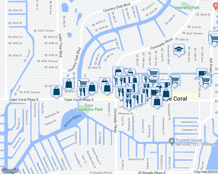map of restaurants, bars, coffee shops, grocery stores, and more near 4642 Coronado Parkway in Cape Coral