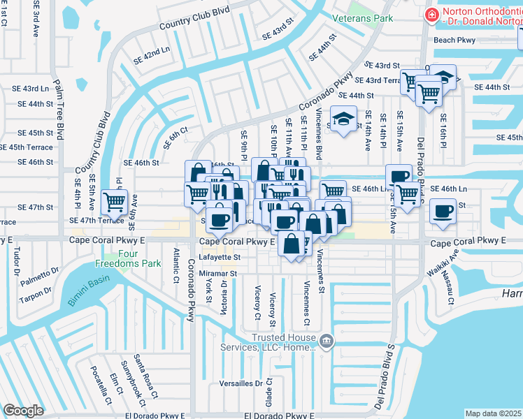 map of restaurants, bars, coffee shops, grocery stores, and more near 4636 Southeast 9th Place in Cape Coral