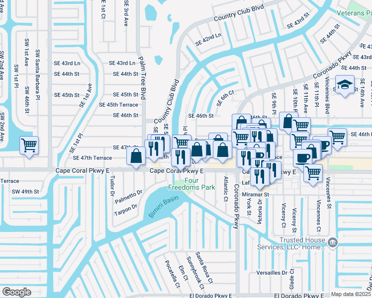 map of restaurants, bars, coffee shops, grocery stores, and more near 4632 Southeast 5th Place in Cape Coral