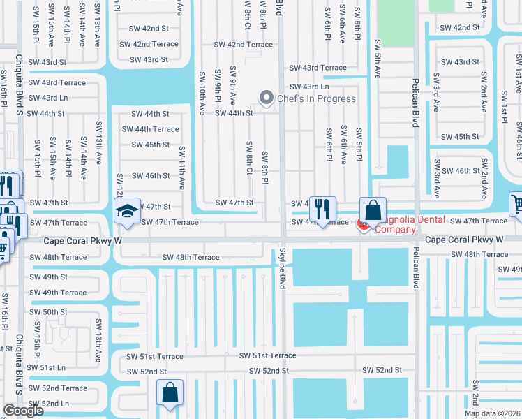 map of restaurants, bars, coffee shops, grocery stores, and more near 4629 Southwest 8th Place in Cape Coral