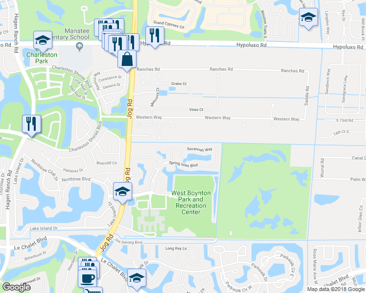 map of restaurants, bars, coffee shops, grocery stores, and more near 6179 Savannah Way in Lake Worth
