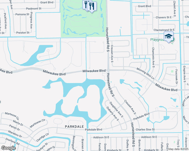 map of restaurants, bars, coffee shops, grocery stores, and more near 550 Milwaukee Boulevard in Lehigh Acres