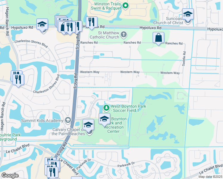 map of restaurants, bars, coffee shops, grocery stores, and more near 6161 Savannah Way in Lake Worth