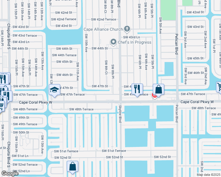 map of restaurants, bars, coffee shops, grocery stores, and more near 4708 Southwest 8th Place in Cape Coral