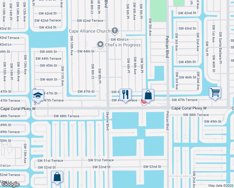 map of restaurants, bars, coffee shops, grocery stores, and more near 710 Southwest 47th Street in Cape Coral