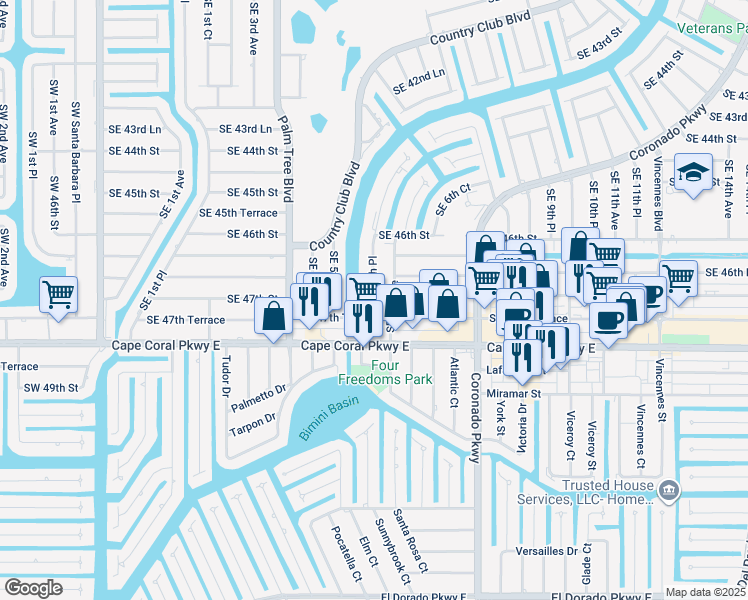 map of restaurants, bars, coffee shops, grocery stores, and more near 4703 Southeast 5th Place in Cape Coral