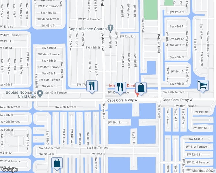 map of restaurants, bars, coffee shops, grocery stores, and more near 724 Southwest 47th Street in Cape Coral