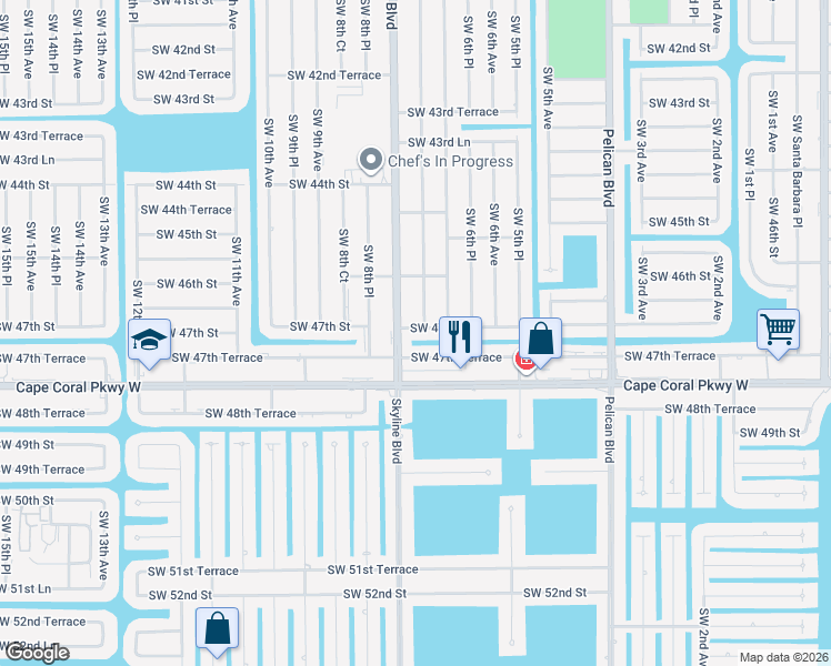 map of restaurants, bars, coffee shops, grocery stores, and more near 724 Southwest 47th Street in Cape Coral