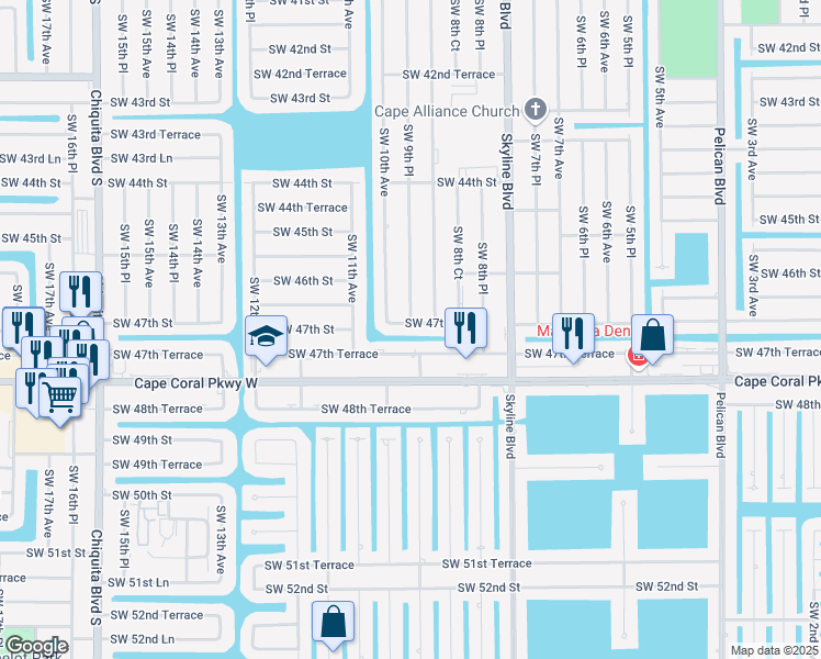 map of restaurants, bars, coffee shops, grocery stores, and more near 918 Southwest 47th Street in Cape Coral